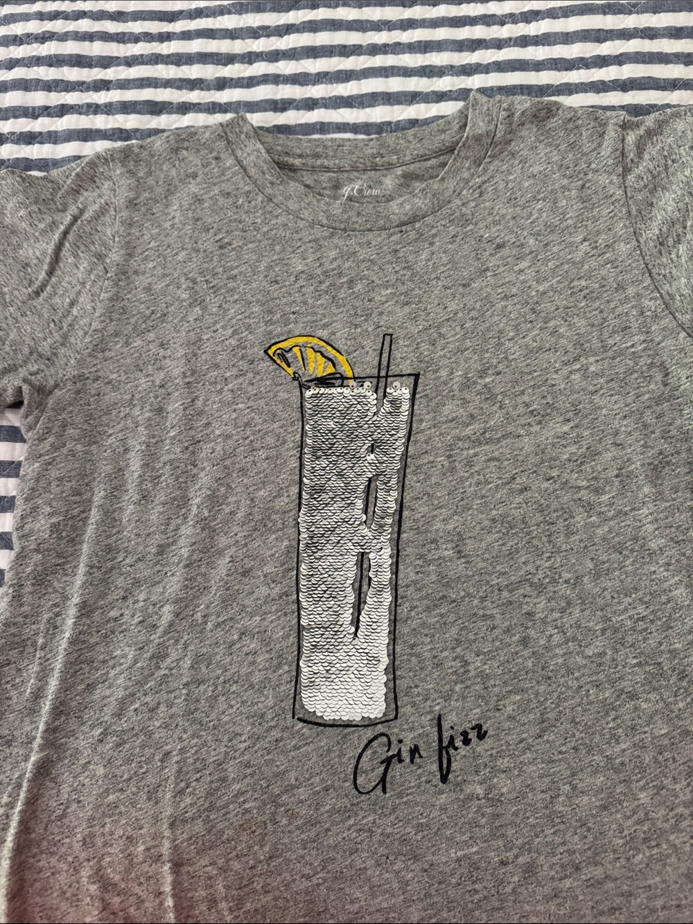 J. Crew Gray Tee with Sequin Drink Graphic and Yellow Lemon